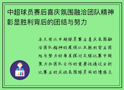中超球员赛后喜庆氛围融洽团队精神彰显胜利背后的团结与努力